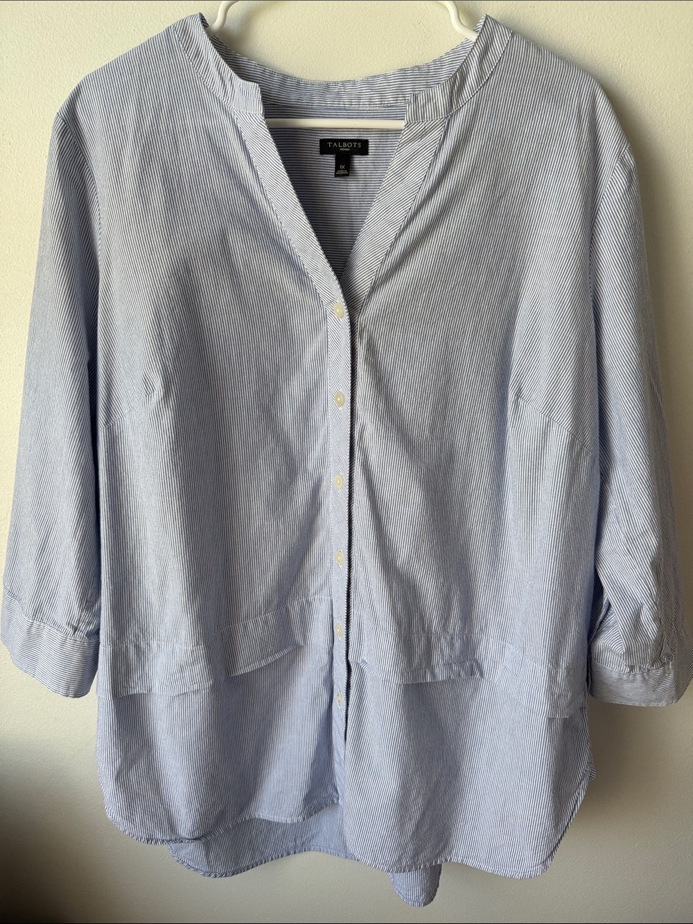Talbots Light Blue Narrow-Stripe Collarless Button Shirt